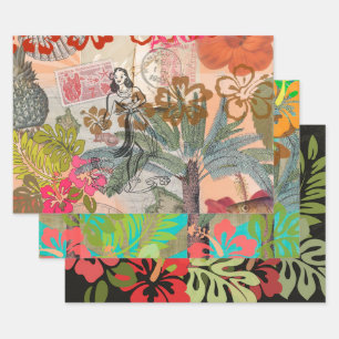 Vintage Flowers Hula Colourful Hawaiian Tropical Wrapping Paper Sheet