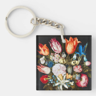 Vintage Flowers in a Glass by  Ambrosius Bosschaer Key Ring