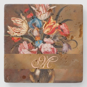 Vintage Flowers in a Vase Monogrammed Coaster