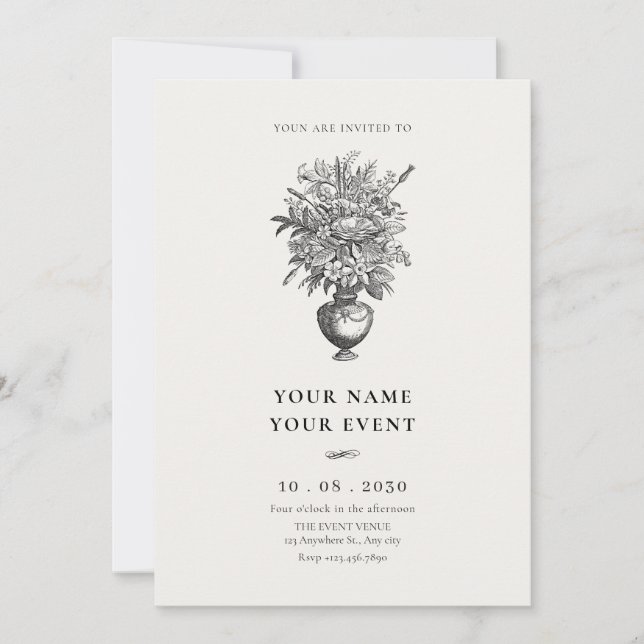 Vintage flowers in antique vase invitation (Front)