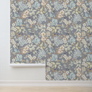 Vintage Flowers Leaves Berries Branches Cool Grey Wallpaper