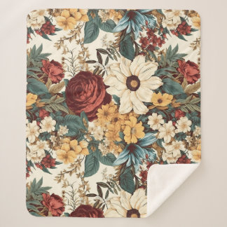 Vintage Flowers of Rose, Tulip, Lilies and Daisies Sherpa Blanket