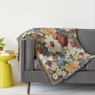 Vintage Flowers of Rose, Tulip, Lilies and Daisies Throw Blanket