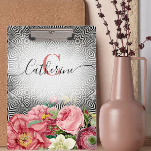 Vintage Flowers On Black White Name and Monogram Clipboard