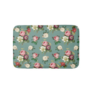 Vintage Flowers on Stone Blue, Retro Floral Print Bath Mat