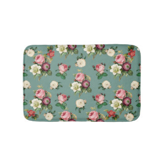 Vintage Flowers on Stone Blue, Retro Floral Print Bath Mat