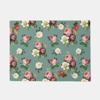 Vintage Flowers on Stone Blue, Retro Floral Print Doormat