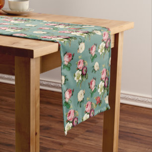 Vintage Flowers on Stone Blue, Retro Floral Print Short Table Runner