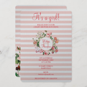 Vintage Flowers Pink Stripes Baby Shower Baby Girl Invitation