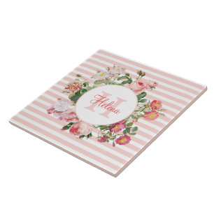 Vintage Flowers Pink Stripes Monogram Ceramic Tile
