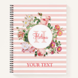 Vintage Flowers Pink Stripes Monogram Notebook