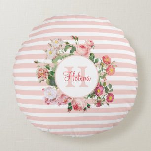 Vintage Flowers Pink Stripes Monogram Round Cushion