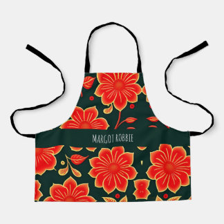 Vintage Flowers Red Retro Floral Pattern Apron