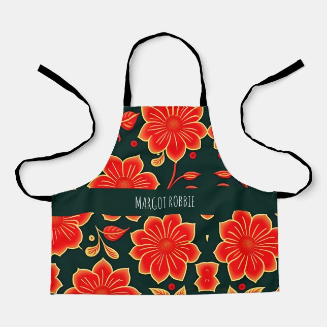 Vintage Flowers Red Retro Floral Pattern Apron (Front)