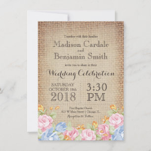 Vintage Flowers Rustic Burlap Wedding Invitations