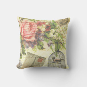 Vintage Flowers, Stamps & Bird Cushion
