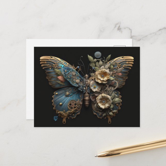 Vintage Flowers Steampunk Butterfly Postcard (Front/Back In Situ)