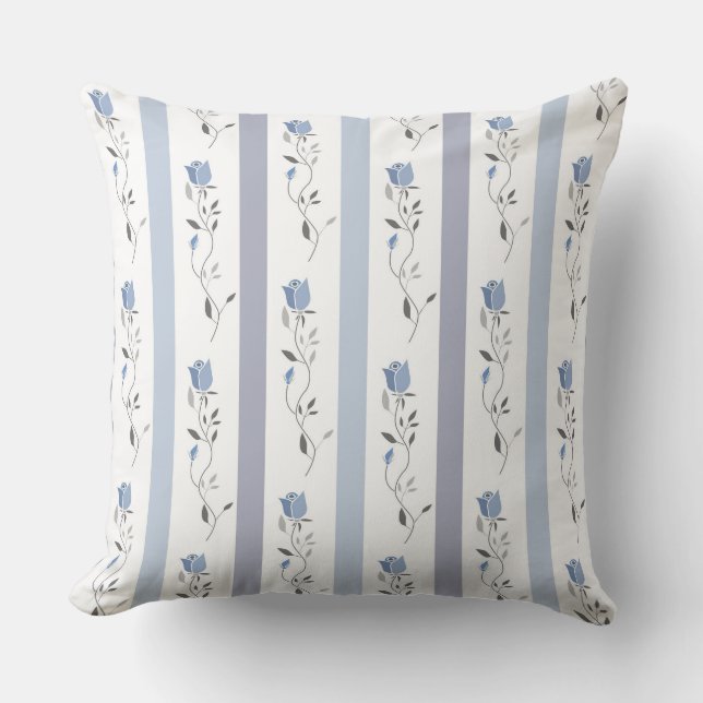 Vintage flowers Stripe pattern white grey blue  Cushion (Front)