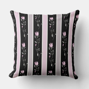 Vintage flowers striped pattern in black and pink cushion