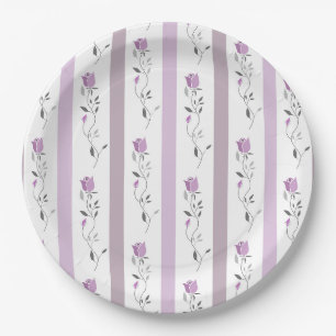 Vintage Flowers Striped pattern white beige pink Paper Plate