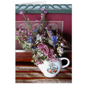 Vintage Flowers Teapot Vase, Blank Greeting Card