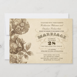 vintage  flowers & typographic wedding invitation