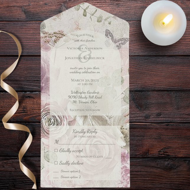 Vintage Flowers with Butterfly  All In One Invitation (Also available without dinner options or with QR code. )
