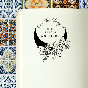 Vintage Flowery Moon Script Custom Library Book Rubber Stamp