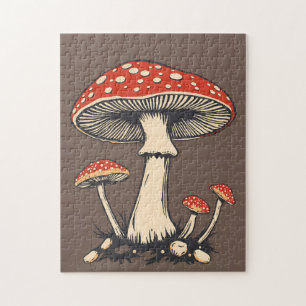 Vintage Fly Agaric Mushrooms On Earth Background Jigsaw Puzzle