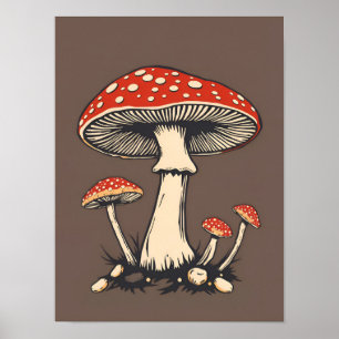 Vintage Fly Agaric Mushrooms On Earth Background Poster