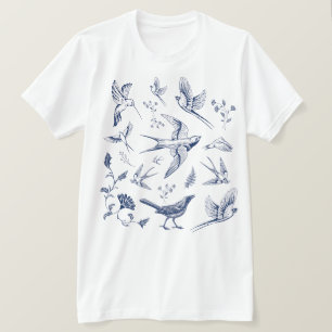 Vintage Flying Birds Botanical Sketch T-Shirt
