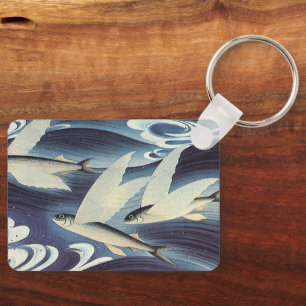 Vintage Flying Fish in Blue Ocean, Aquatic Animals Key Ring