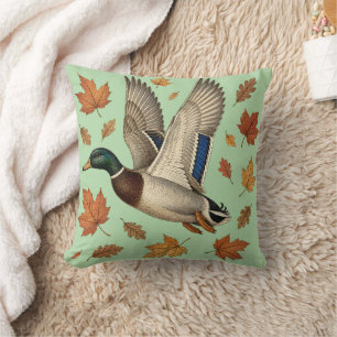 Vintage Flying Mallard Duck with Autumn Leaves Cushion