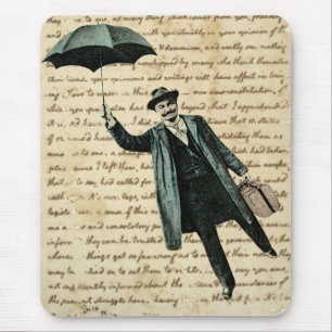 Vintage Flying Umbrella Man with Handwriting Page Mouse Pad