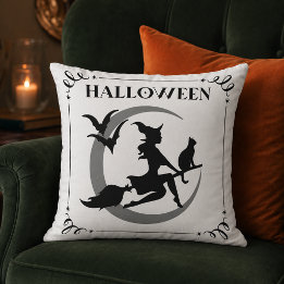 Vintage Flying Witch Black Cat Crescent Moon Cushion