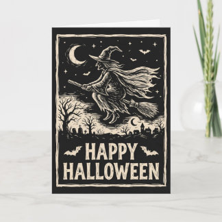 Vintage Flying Witch Happy Halloween Card