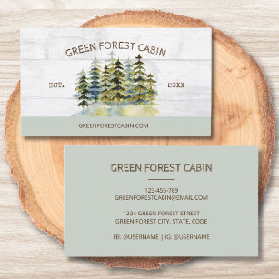 Vintage Foggy Green Forest Watercolor Cabin Lodge Business Card
