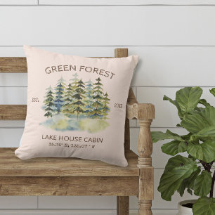 Vintage Foggy Green Forest Watercolor Cabin Lodge Cushion