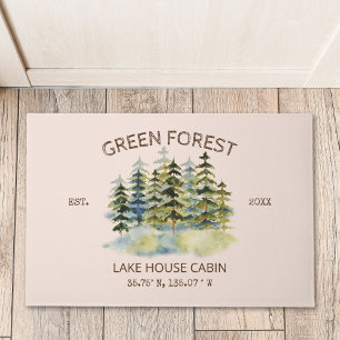 Vintage Foggy Green Forest Watercolor Cabin Lodge Doormat
