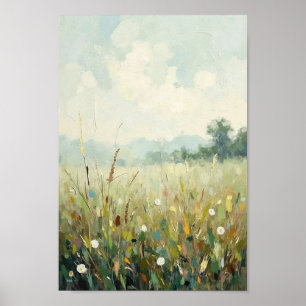 Vintage Foggy Meadow Landscape Art Poster