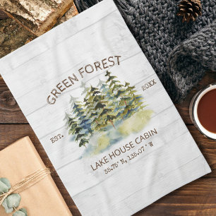Vintage Foggy Pine Forest Lake House Cabin Lodge Tea Towel