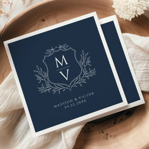 Vintage Foliage Crest Monogram Navy Blue Wedding Napkin