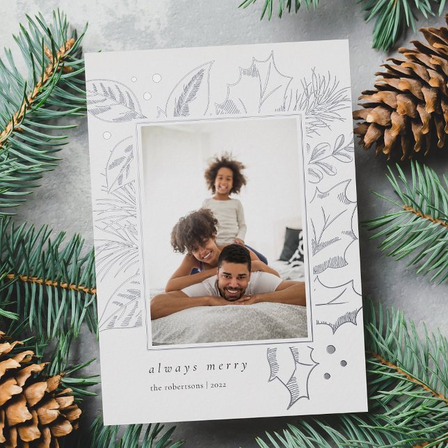 Vintage Foliage | Vertical Photo Silver Foil Holiday Card (Creator Uploaded)