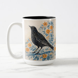 Vintage Folk Art Bird Print, Cottagecore Animal Two-Tone Coffee Mug