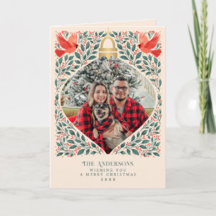 Vintage Folk Art Cardinal Christmas Foliage Photo Holiday Card