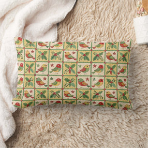 Vintage Folk Art Christmas Birds & Holly Berry Lumbar Cushion