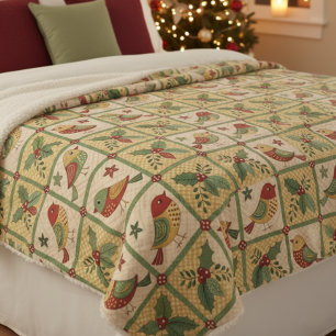 Vintage Folk Art Christmas Birds & Holly Berry Sherpa Blanket