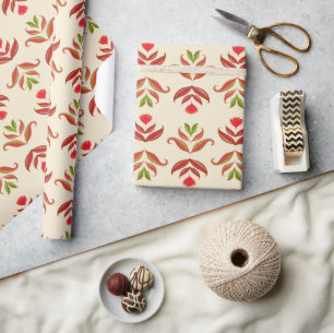 Vintage Folk Art Floral Print Cosy Rustic Autumn Wrapping Paper