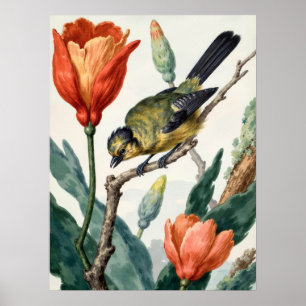 Vintage Folk Botanical Bird and Flowers Wall Poste Poster