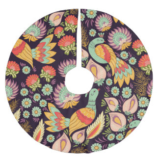 Vintage Folk Floral Birds Ornament Brushed Polyester Tree Skirt